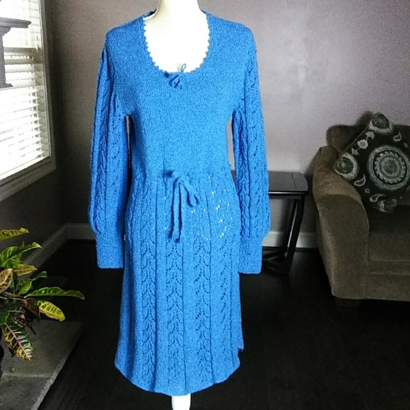 Vintage Blue Crochet Knit Dress with Tie Waist – Size 14 - Picture 7 of 11